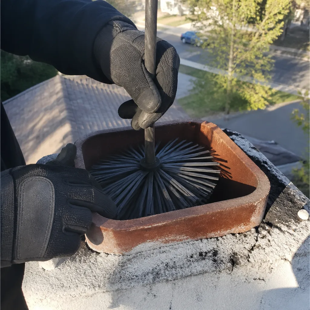 Professional chimney sweep using a specialized brush to clean a chimney flue