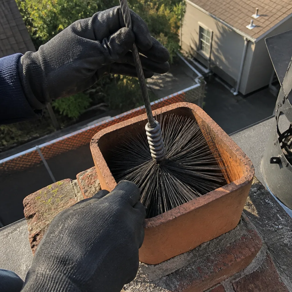 Professional chimney sweep cleaning a brick fireplace flue with a brush