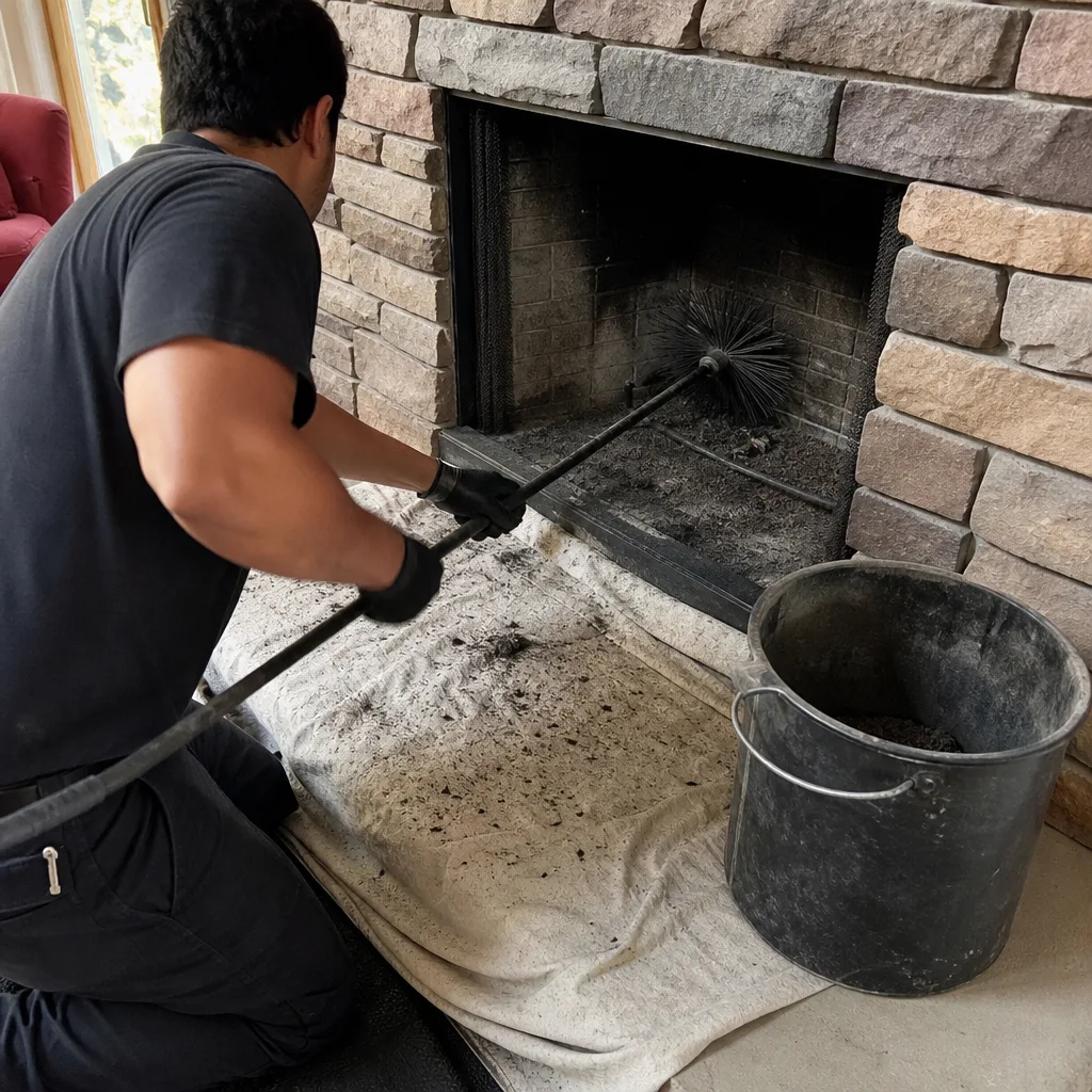 Professional chimney sweep cleaning a stone fireplace with a wire brush