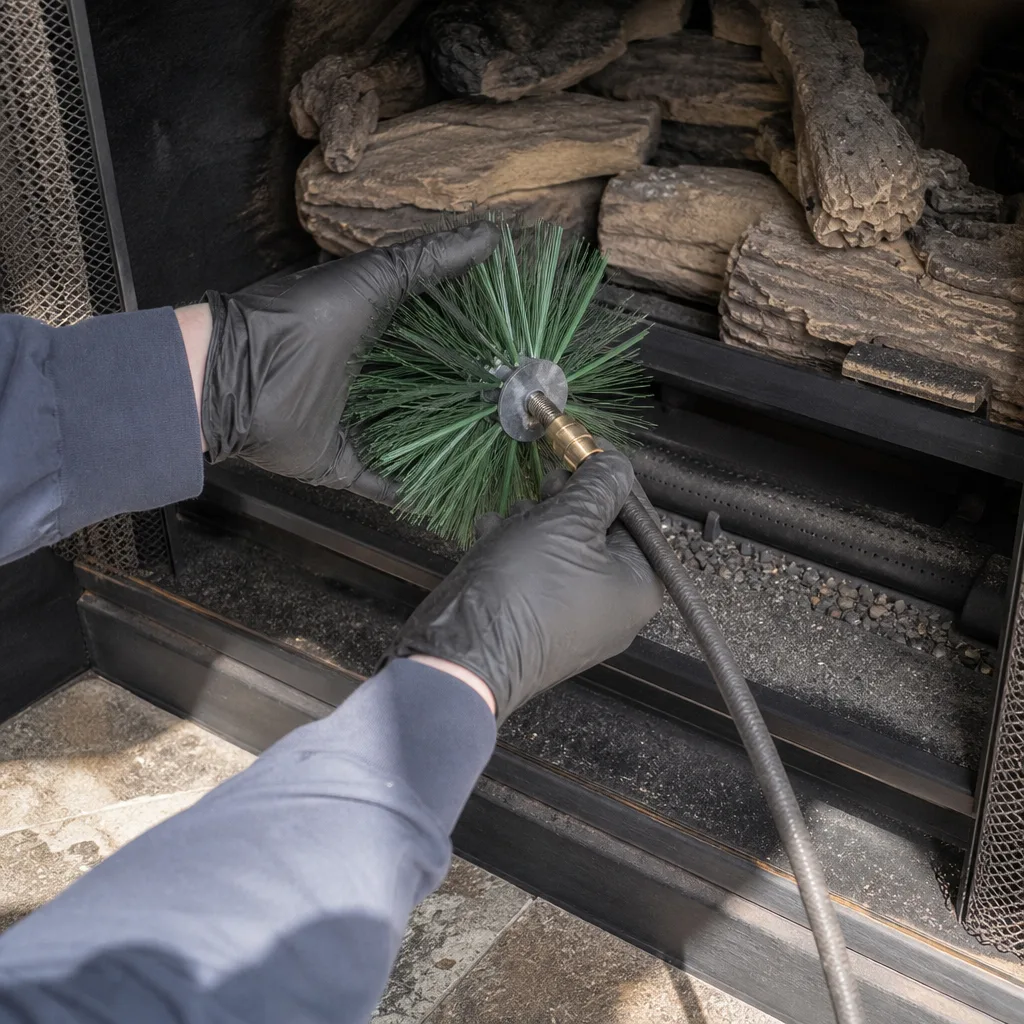 Technician cleaning internal components of a gas fireplace with a brush