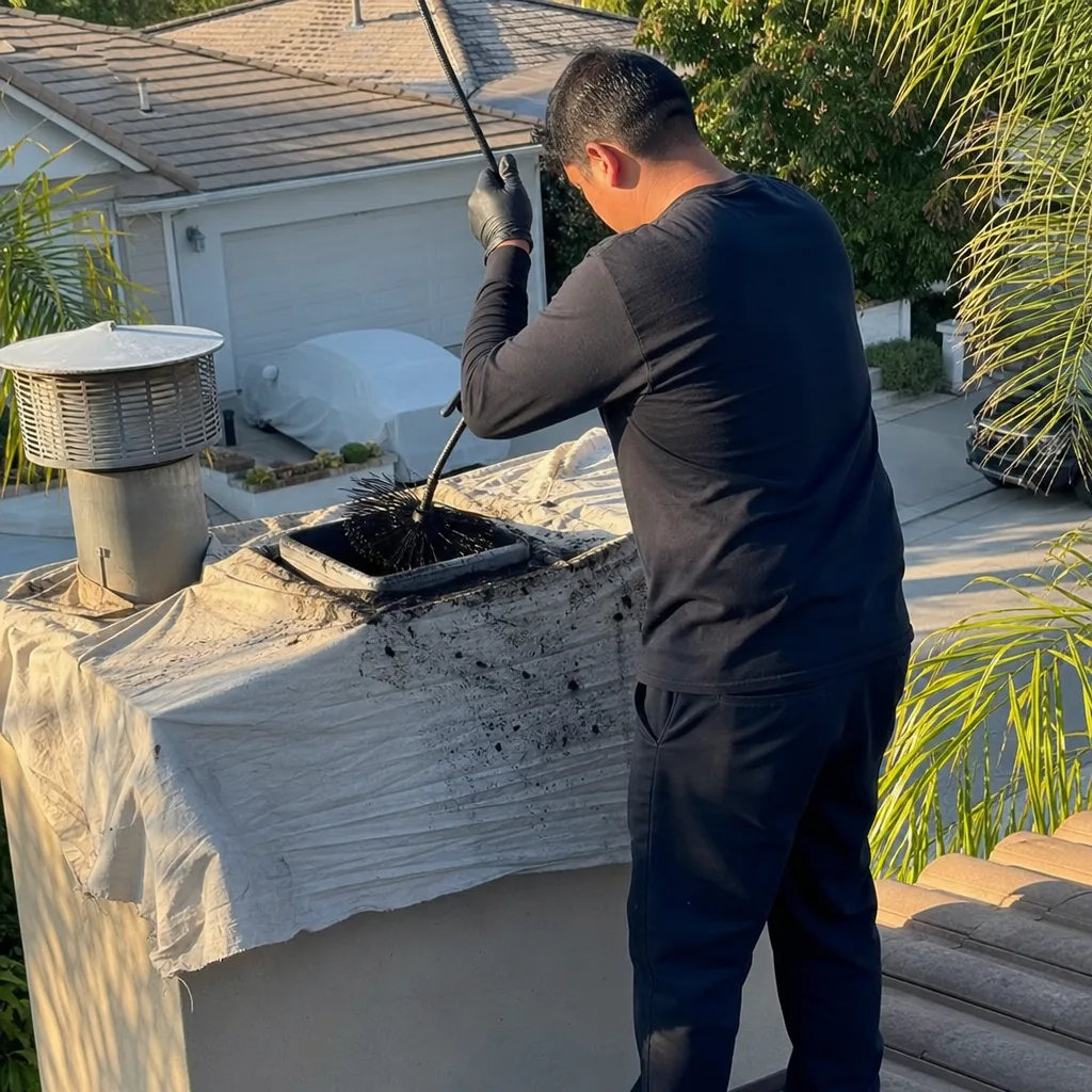 Professional technician cleaning a residential chimney flue on a rooftop.