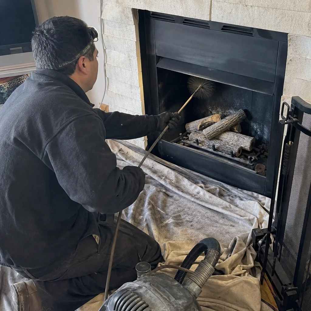 Professional technician performing gas fireplace cleaning and maintenance service